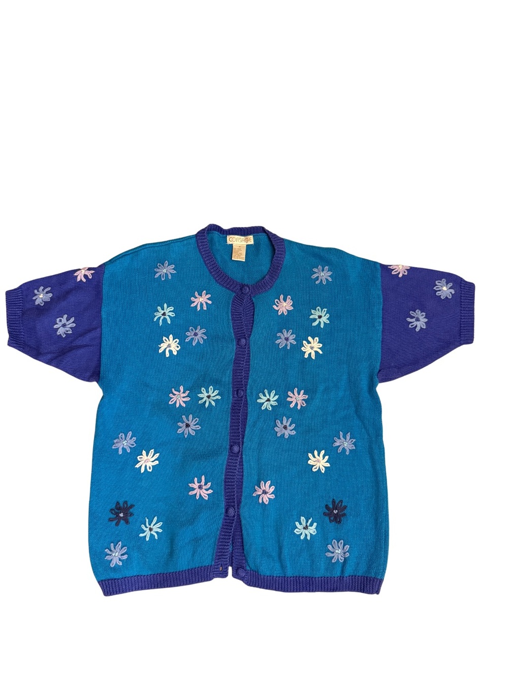Vintage Corsage Women‎ Blue Floral Embroidered Short Sleeve Cardigan Sweater M